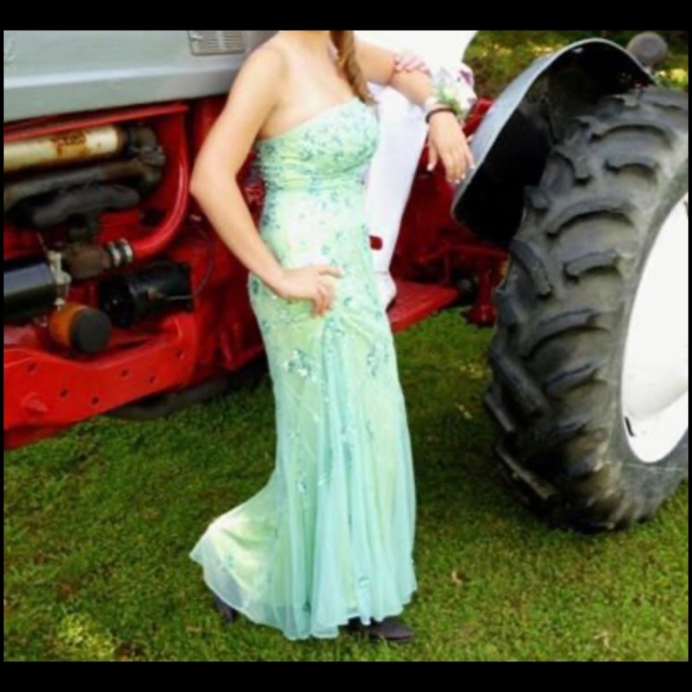 Lime green dress with turquoise overlay/beading